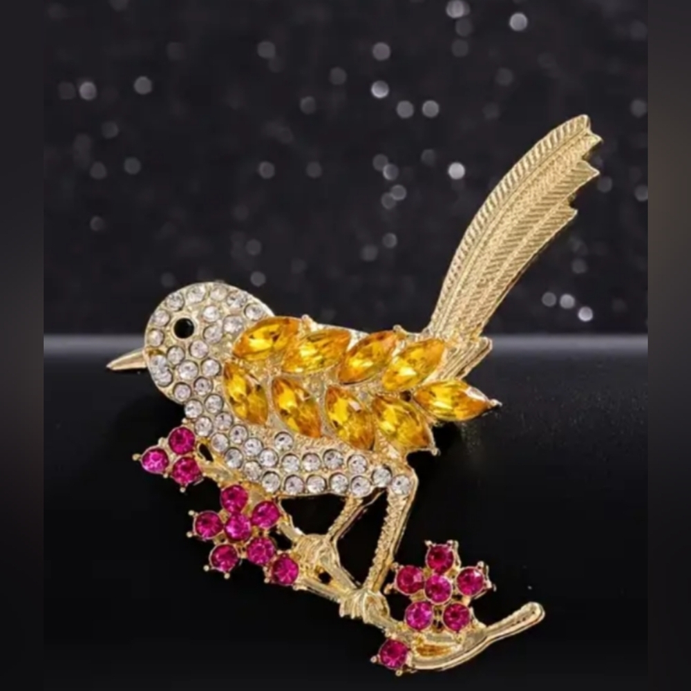 NEW 2/$40 Western Boho Gold‎ Yellow Pink Gemstone Bird Summer Brooch-(#0237)